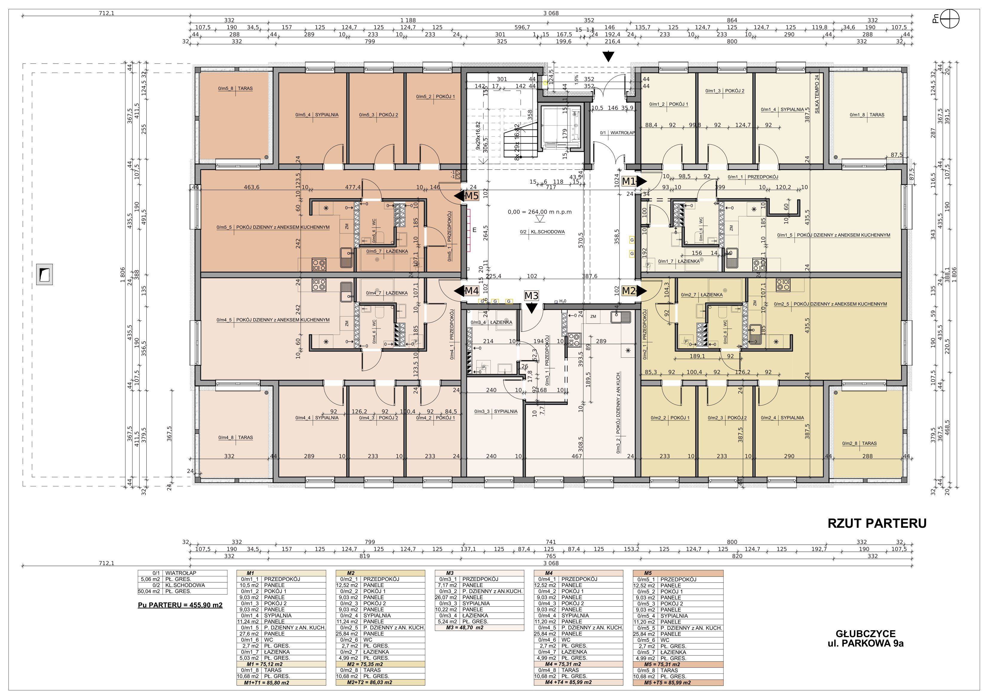 3 sypialnie, salon z kuchnią, łazienka, WC, hol