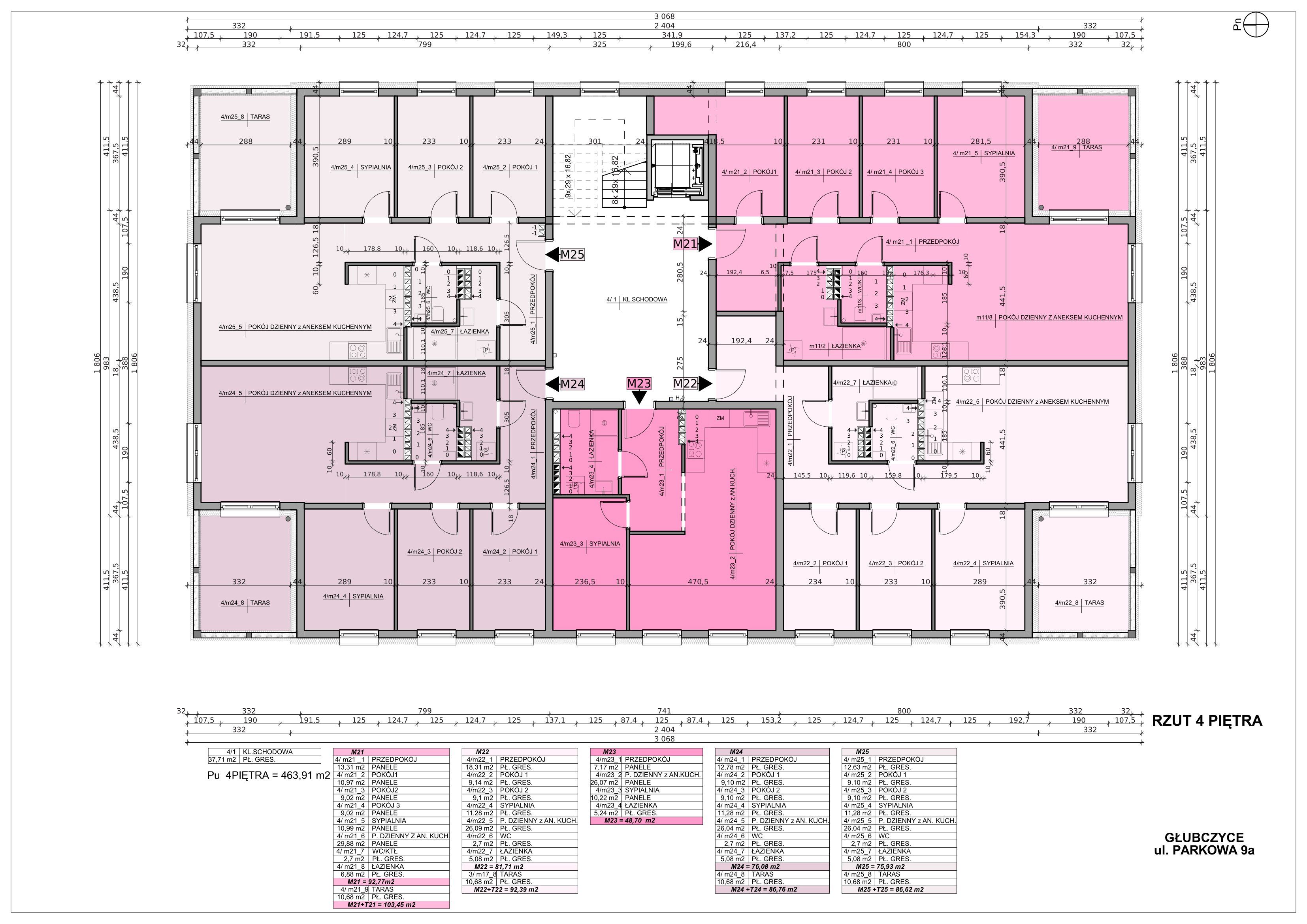 3 sypialnie, salon z kuchnią, łazienka, WC, hol