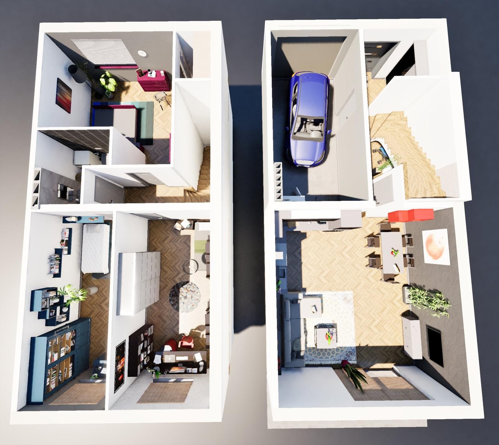 2-piętrowy segment z 2. pokojami, sypialnią, salonem z kuchnią, łazienką i toaletą + Garaż